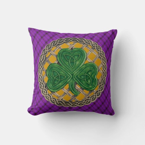 Gold Shamrock Celtic Knots On Purple Plaid Throw Pillow
