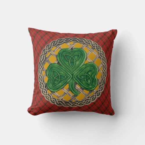 Gold Shamrock Celtic Knots On Red Plaid Throw Pillow