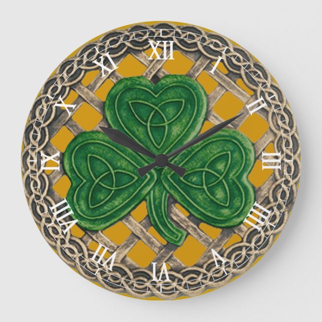 Gold Shamrock & Celtic Knots Roman Numeral Clock (Front)