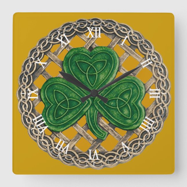 Gold Shamrock & Celtic Knots Roman Numeral Clock (Front)