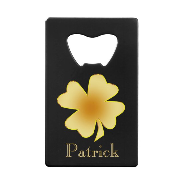 Gold Shamrock on Black Personalized Credit Card Bottle Opener (Front)