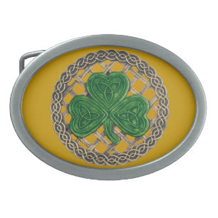 Gold Shamrock On Celtic Knots Belt Buckle