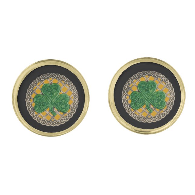 Gold Shamrock On Celtic Knots Cufflinks (Front)