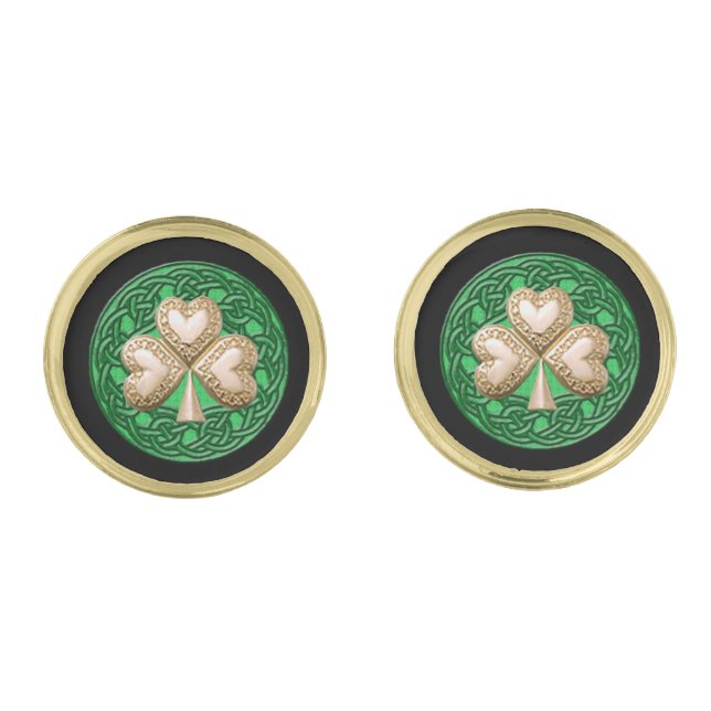 Gold Shamrock On Celtic Knots Cufflinks (Front)