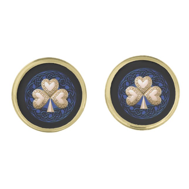 Gold Shamrock On Celtic Knots Cufflinks (Front)