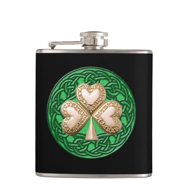 Gold Shamrock On Celtic Knots Flask (Front)
