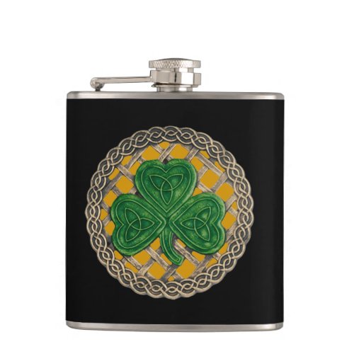 Gold Shamrock On Celtic Knots Flask