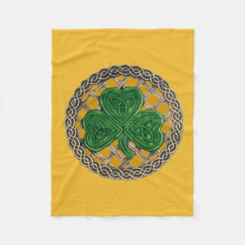 Gold Shamrock On Celtic Knots Fleece Blanket