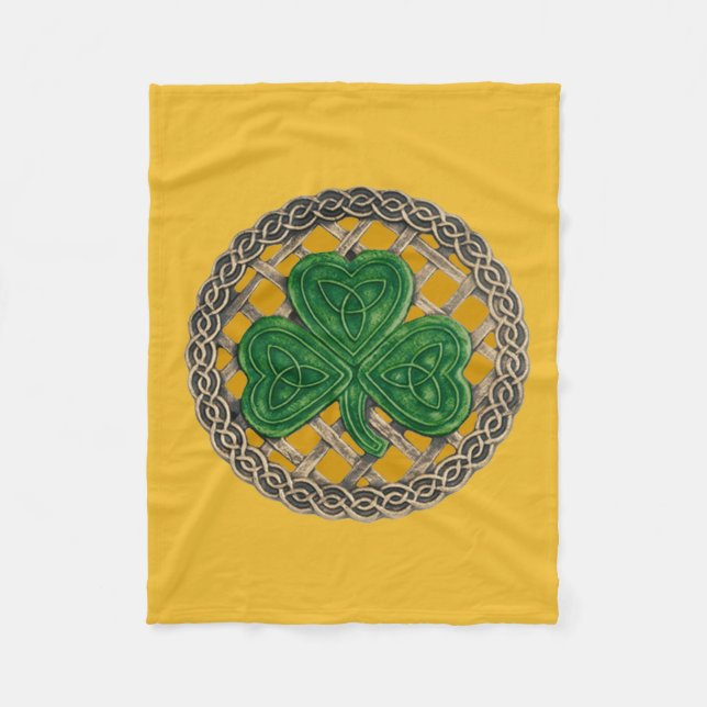 Gold Shamrock On Celtic Knots Fleece Blanket (Front)