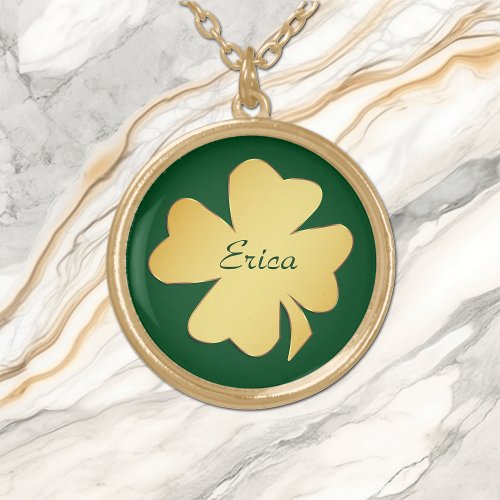 Gold Shamrock on Green Personalized Gold Plated Necklace