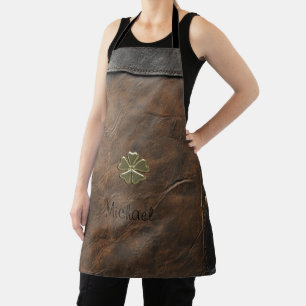 Gold Shamrock St.Patrick`s Day,Brown Leather Apron