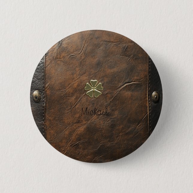 Gold Shamrock St.Patrick`s Day,Brown Leather Button (Front)