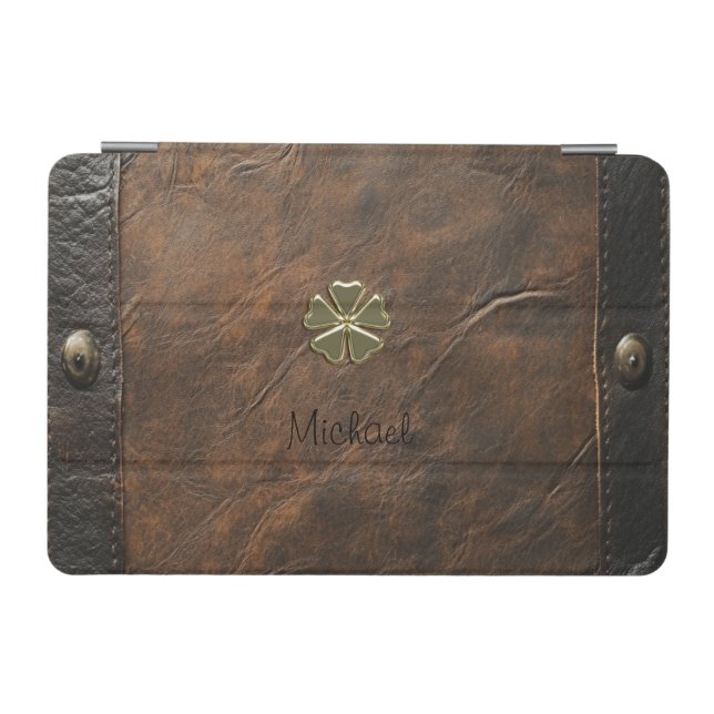 Gold Shamrock St.Patrick`s Day,Brown Leather iPad Mini Cover (Horizontal)