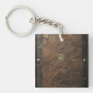 Gold Shamrock St.Patrick`s Day,Brown Leather Keychain
