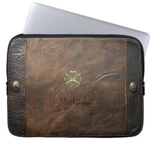 Gold Shamrock St.Patrick`s Day,Brown Leather Laptop Sleeve