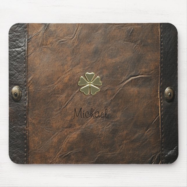 Gold Shamrock St.Patrick`s Day,Brown Leather Mouse Pad (Front)