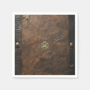 Gold Shamrock St.Patrick`s Day,Brown Leather Napkins