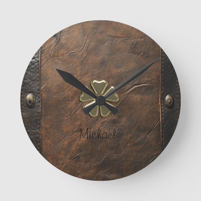 Gold Shamrock St.Patrick`s Day,Brown Leather Round Clock (Front)