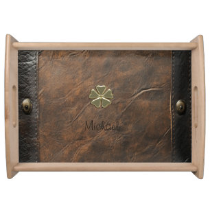 Gold Shamrock St.Patrick`s Day,Brown Leather Serving Tray