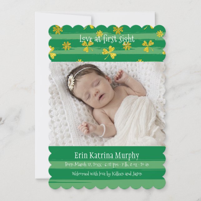 Gold Shamrocks Photo Birth Announcement (Front)