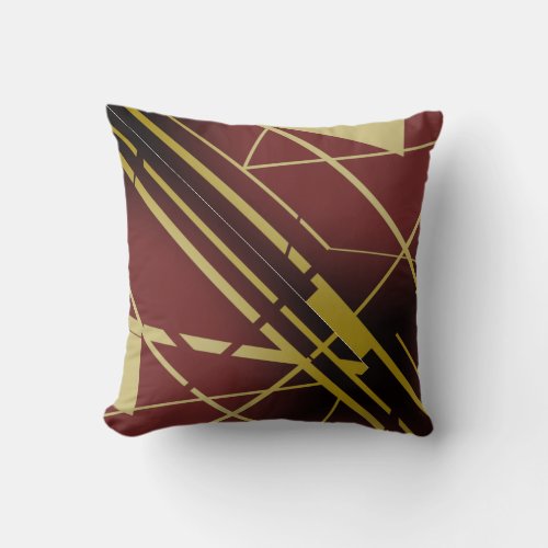 Gold Shapes Lines on Burgundy Black Flowing Design Throw Pillow