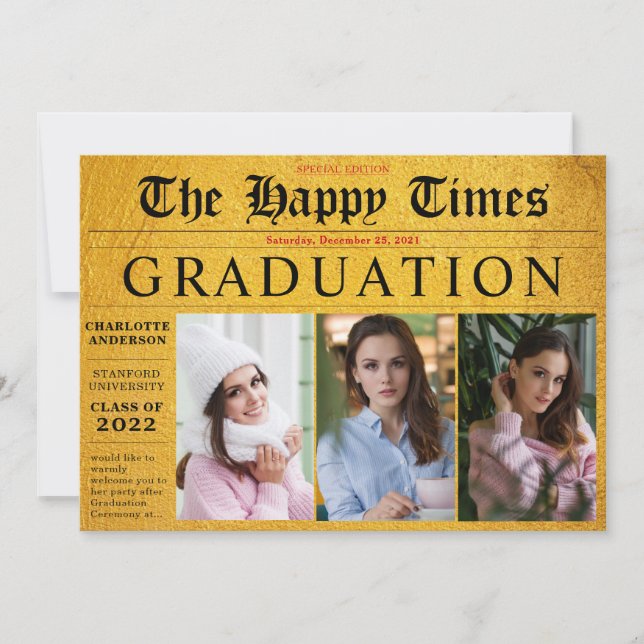 Gold Share your News 3 Photo Graduation Party Invitation (Front)