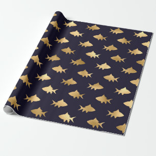 Gold Sharks on Navy Wrapping Paper