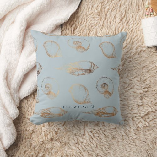 Gold Shell Pattern Light Blue Throw Pillow