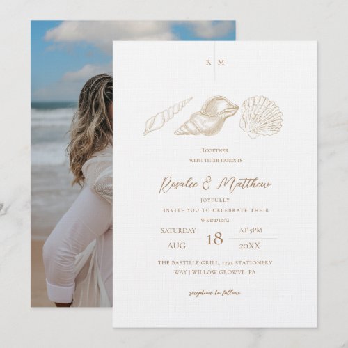 Gold Shells & White Coastal Wedding  Invitation