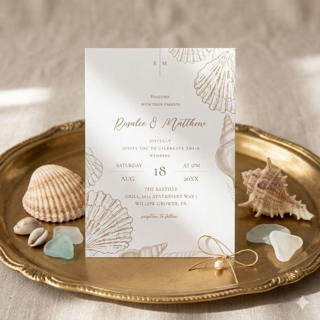 Gold Shells & White Coastal Wedding  Invitation (Creator Uploaded)