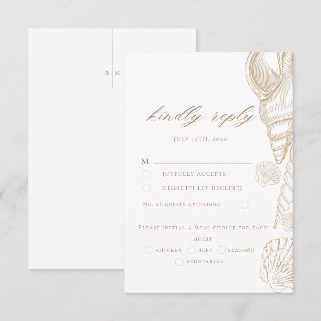 Gold Shells & White Coastal Wedding  RSVP Card (Front/Back)
