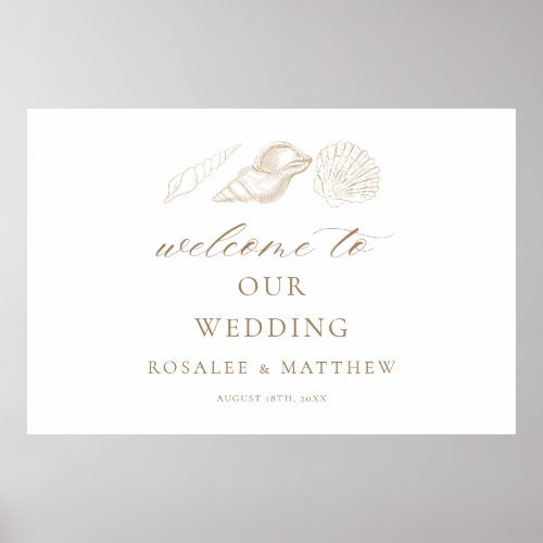 Gold Shells & White Coastal Wedding Welcome Sign
