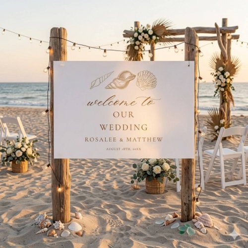 Gold Shells & White Coastal Wedding Welcome Sign