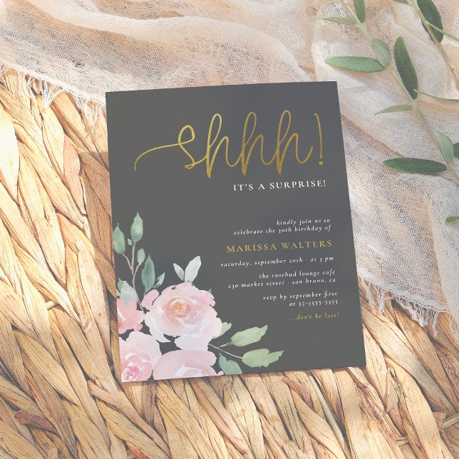 Gold Shhh Its A Surprise Blush Pink & Gray Party Invitation Postcard (Creator Uploaded)