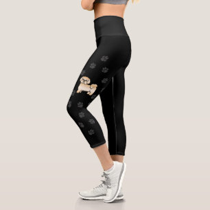 Gold Shih Tzu Cute Cartoon Dog & Paws Capri Leggings