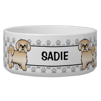 Gold Shih Tzu Cute Dog With Paws &amp; Name Bowl