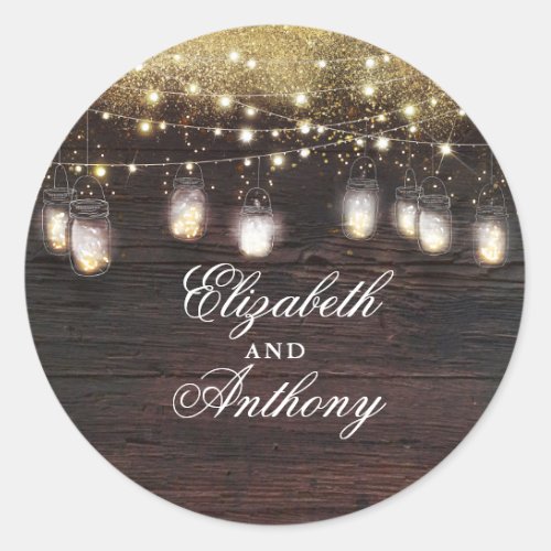 Gold Shimmer and Mason Jar Lights Rustic Classic Round Sticker