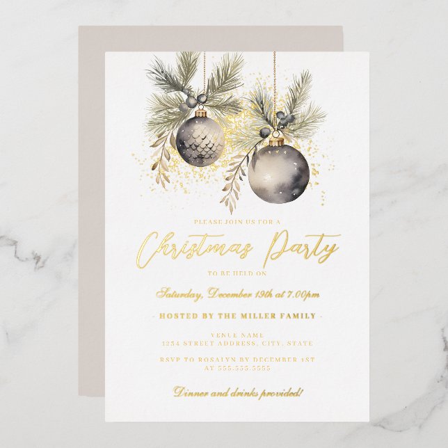 Gold Shimmer Baubles Christmas Party       Foil Invitation (Front/Back)