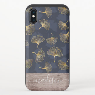 Gold Shimmer Blue Ginkgo Biloba Pattern Wood Name iPhone X Slider Case