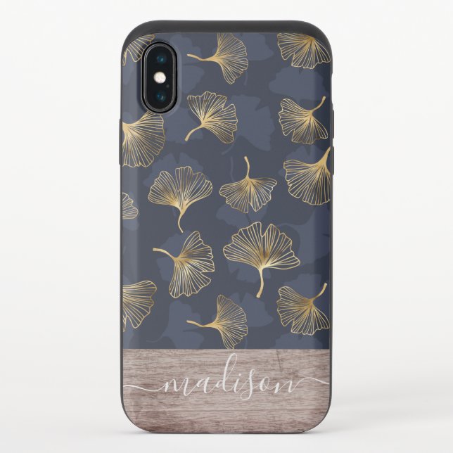 Gold Shimmer Blue Ginkgo Biloba Pattern Wood Name Uncommon iPhone Case (Back)
