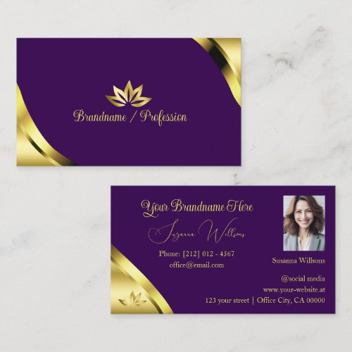 Gold Shimmer Corners on Purple with Petals Photo Business Card