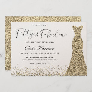 Gold Shimmer Dress Fifty & Fabulous 50th Birthday Invitation