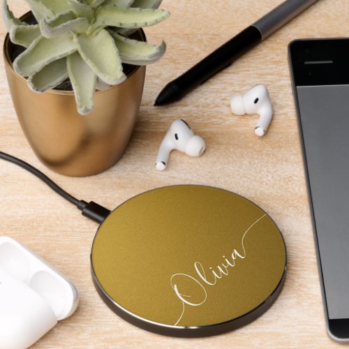 Gold Shimmer Elegant Calligraphy Script Name Wireless Charger