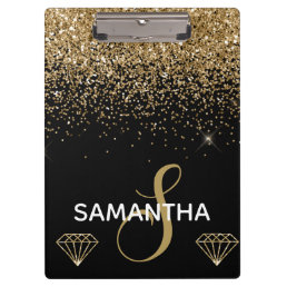 Gold Shimmer Glitter &amp; Diamonds Monogram Clipboard
