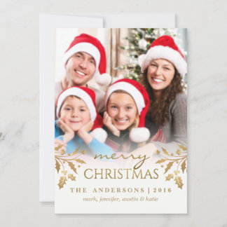 Gold Shimmer Holly Christmas Holiday Photo Card