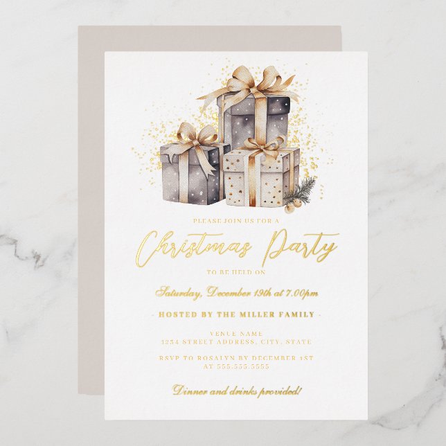 Gold Shimmer Presents Christmas Party       Foil Invitation (Front/Back)