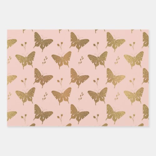 Gold Shimmery Butterflies Pattern Wrapping Paper Sheets