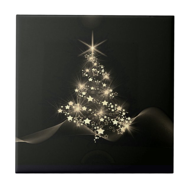 Gold Shine of Stars on Christmas Tree Dark  Ceramic Tile (Front)