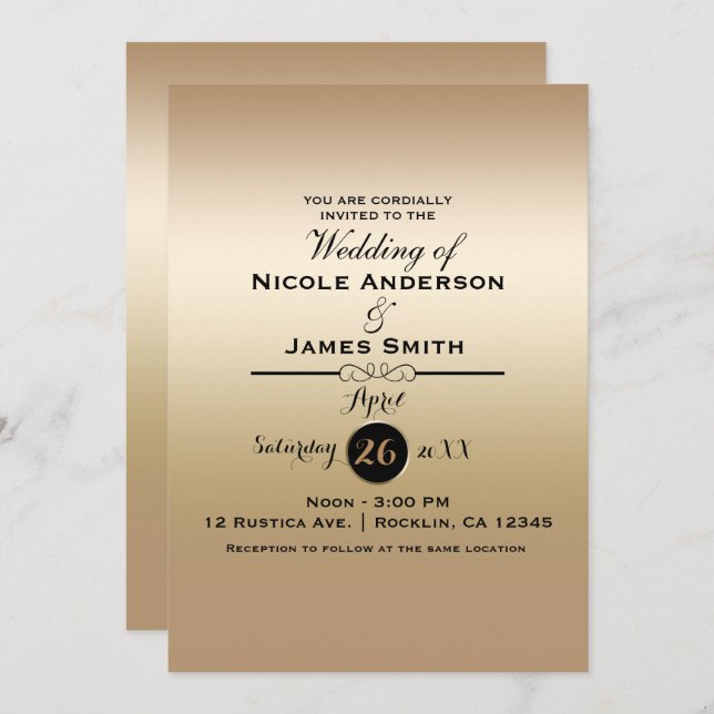 Gold Shine Shiny Metallic Elegant Classy Wedding Invitation (Front/Back)