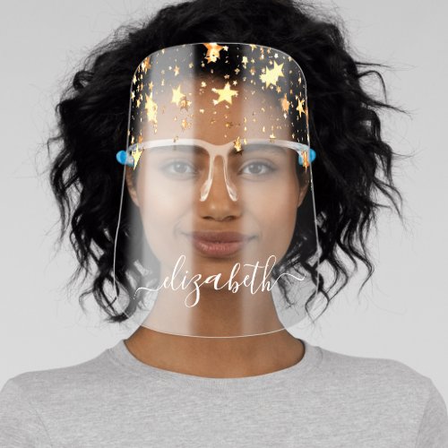 Gold shining stars girly glam name script face shield